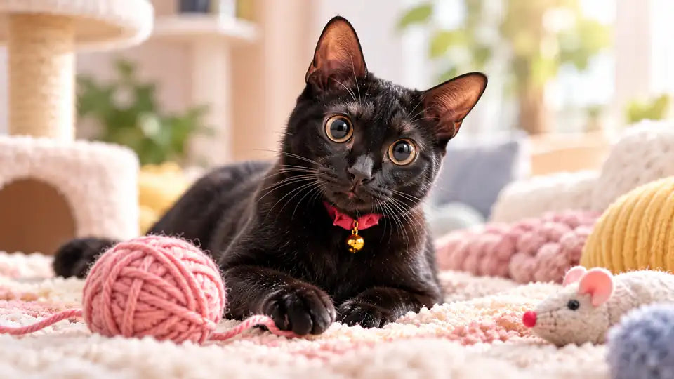 Black cat lying on a pink blanket with a ball of yarn
