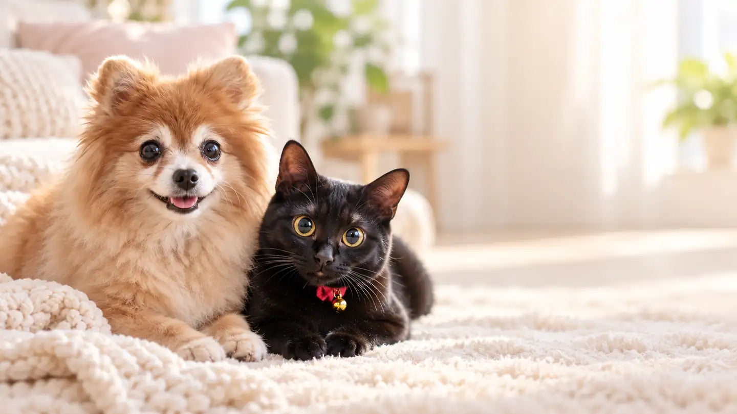 クリーム色のラグの上で一緒に寝そべるポメラニアンと黒猫